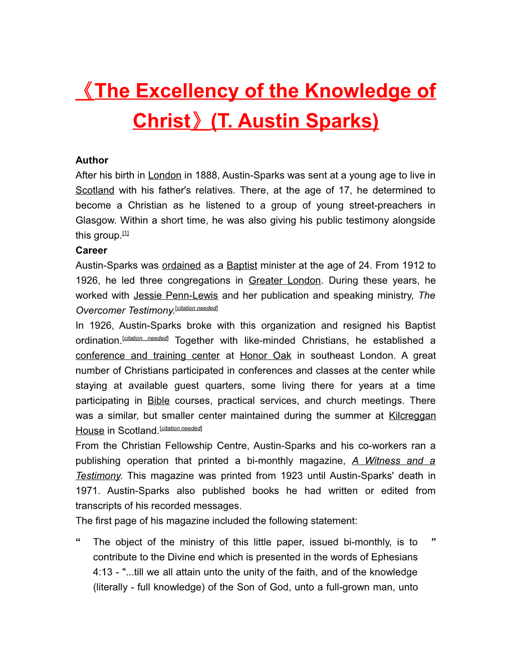 The Excellency of the Knowledge of Christ (T. Austin Sparks)