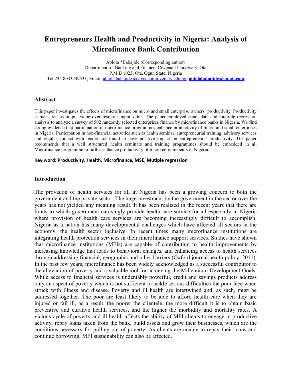 Entrepreneurs Health and Productivity in Nigeria: Analysis of Microfinance Bank Contribution