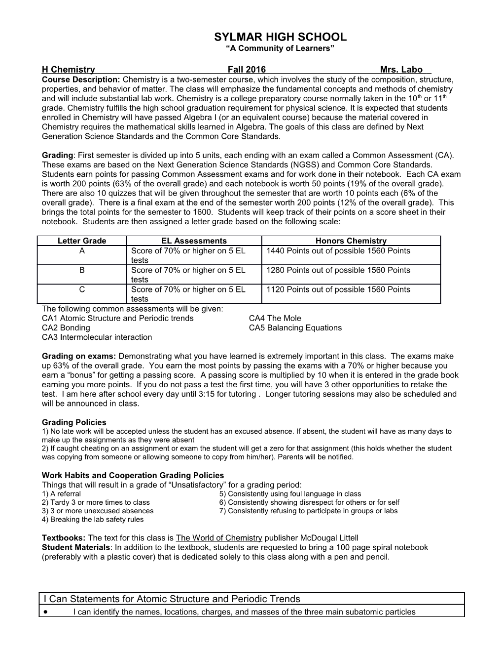 First Semester Chemistry Core Ideas