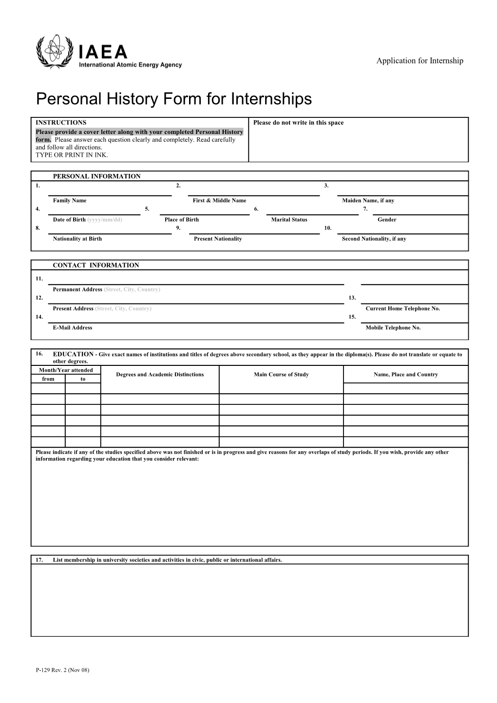 IAEA Personal History Form for Interns