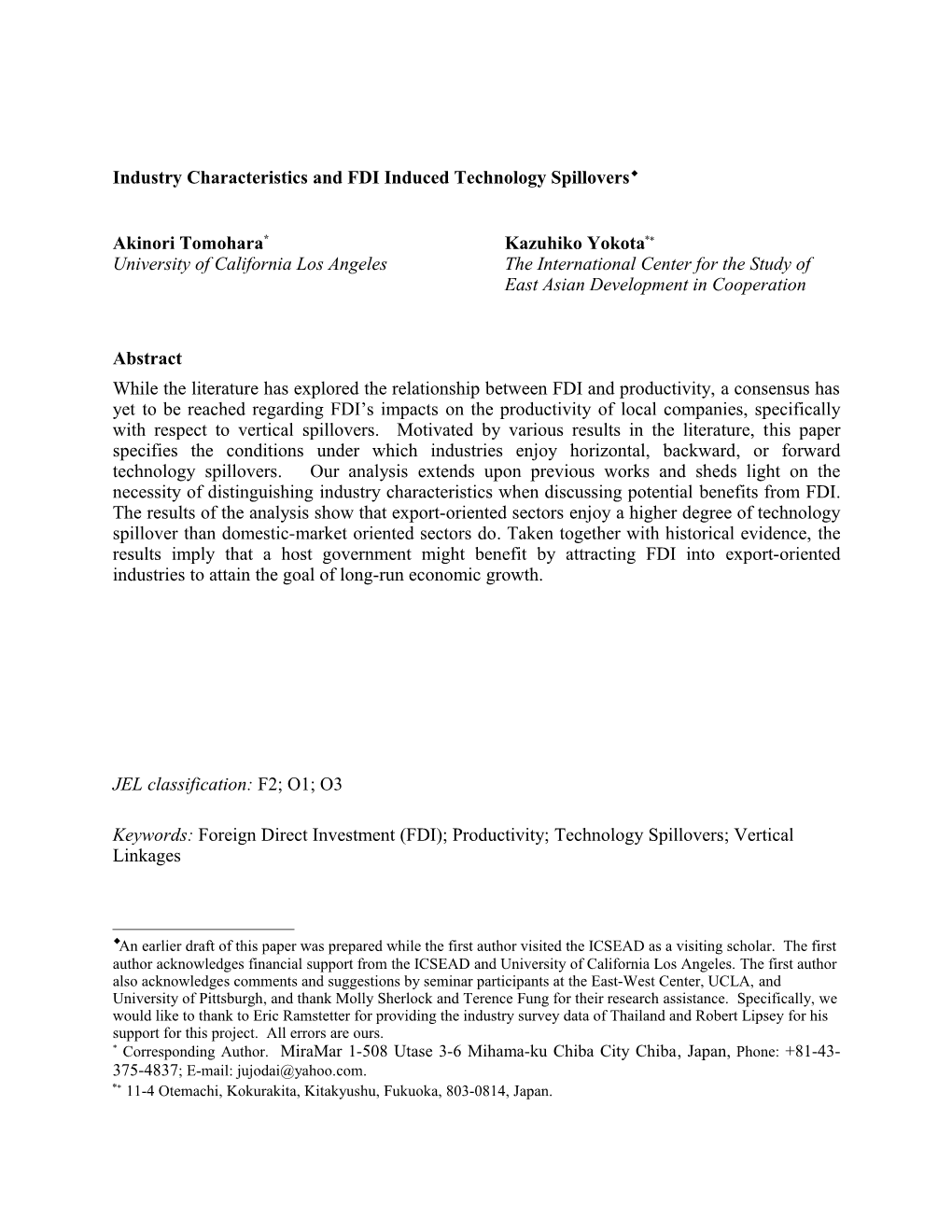 Industry Characteristics and FDI Induced Technology Spillovers