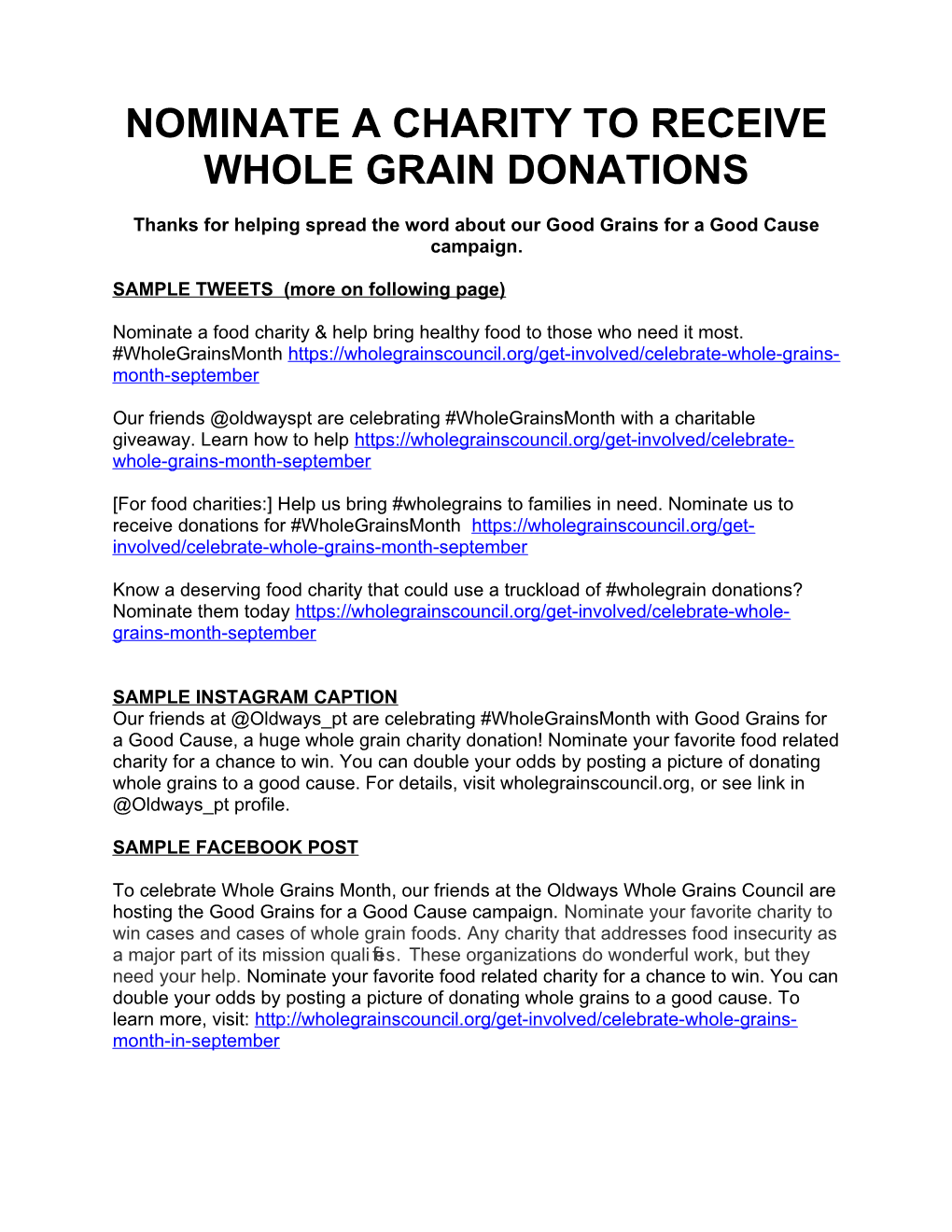 Nominate a Charity to Receive Whole Grain Donations