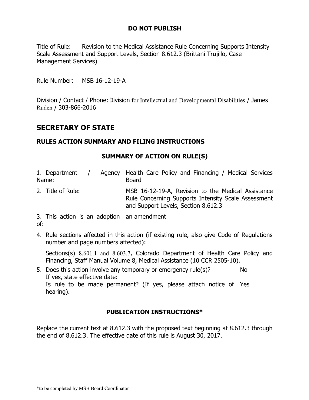 Rules Action Summary and Filing Instructions