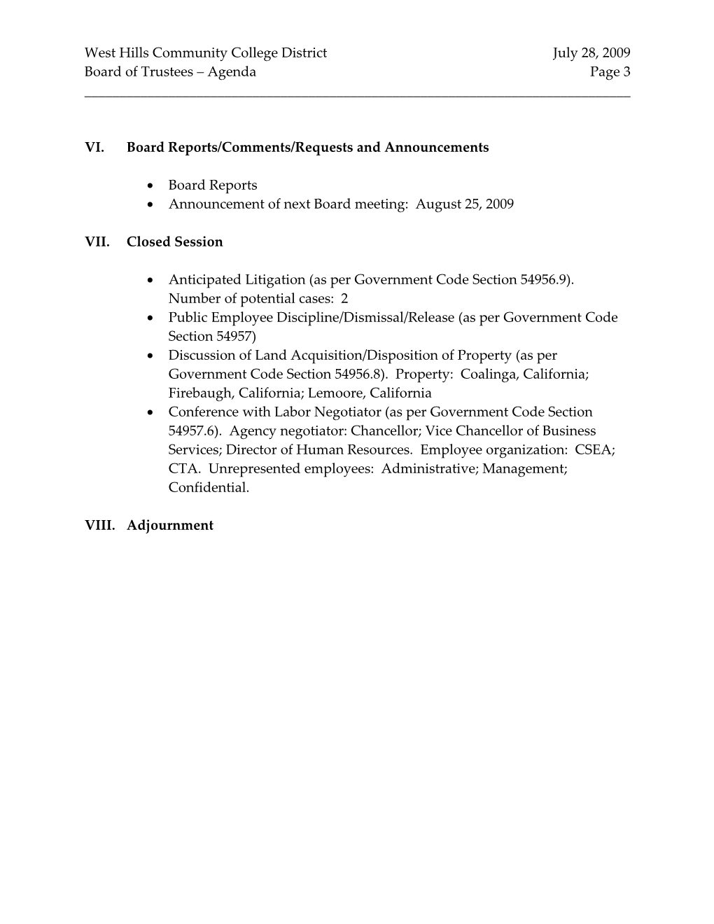 Agenda of the Regular Meeting of the Governing Board