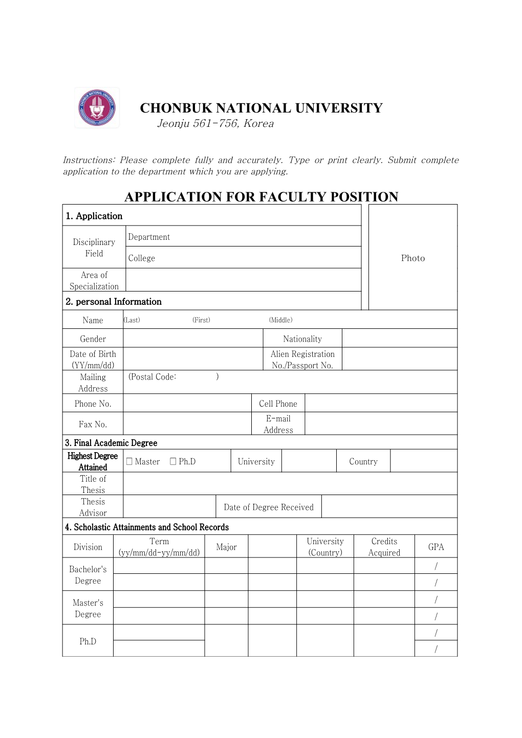 Application for Faculty Position