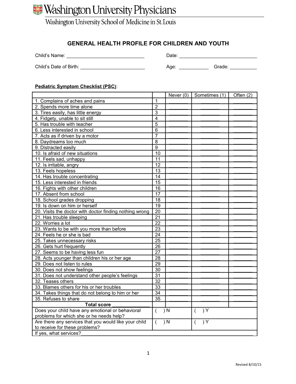 General Health Profile for Children and Youth