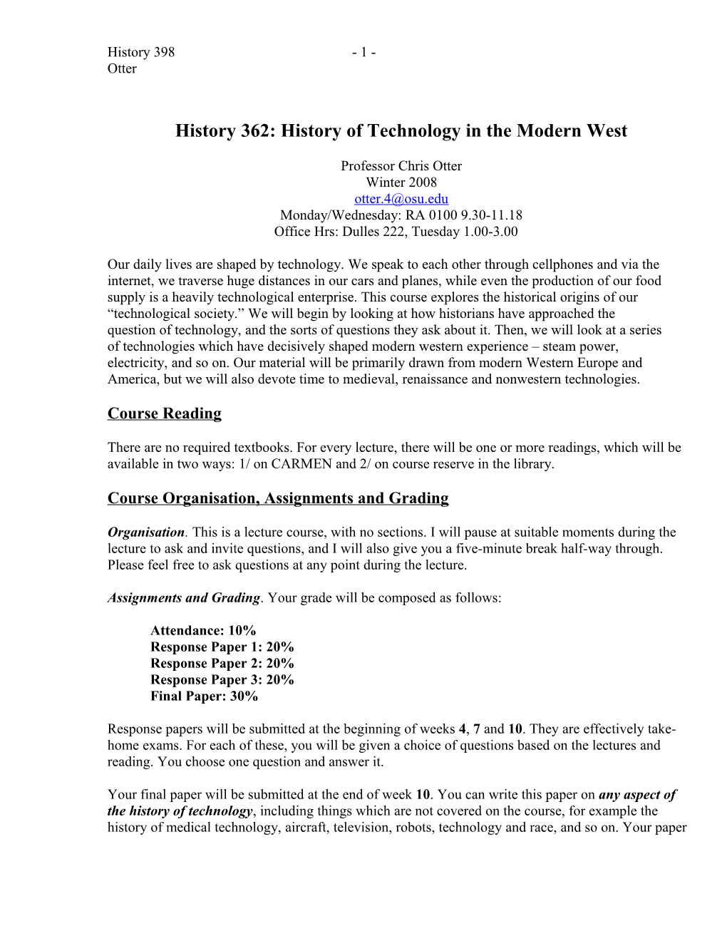 History 362: History of Technology in Modern Europe