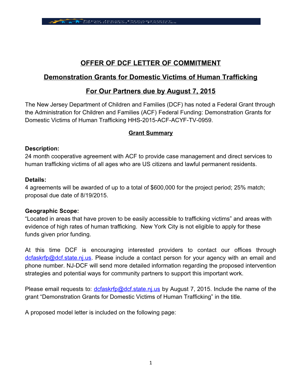 Offerof Dcf Letter of Commitment