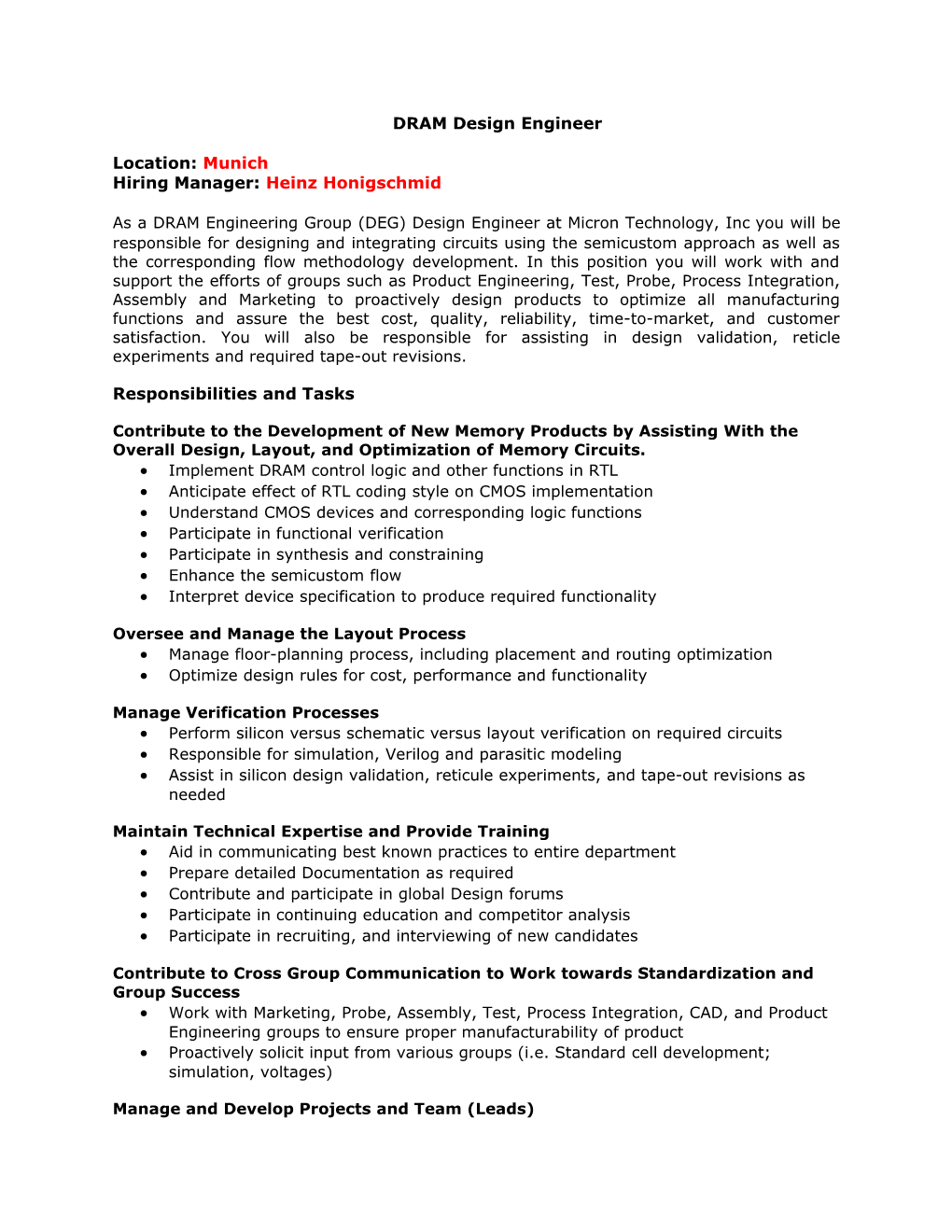 Hiring Manager: Heinz Honigschmid