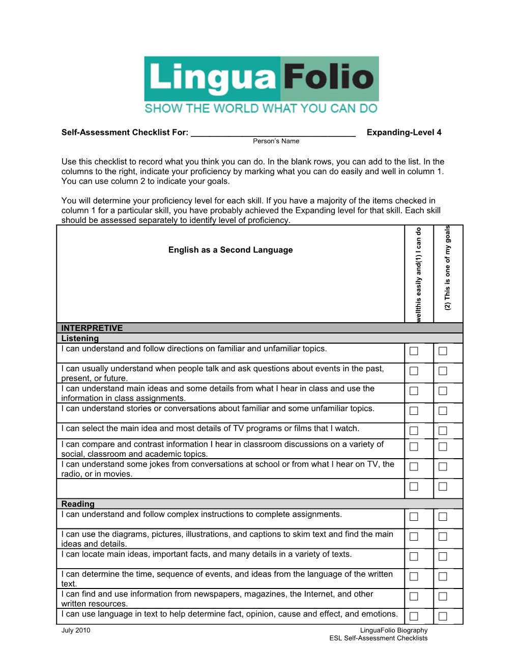 Self-Assessment Checklist For: ______Expanding-Level 4