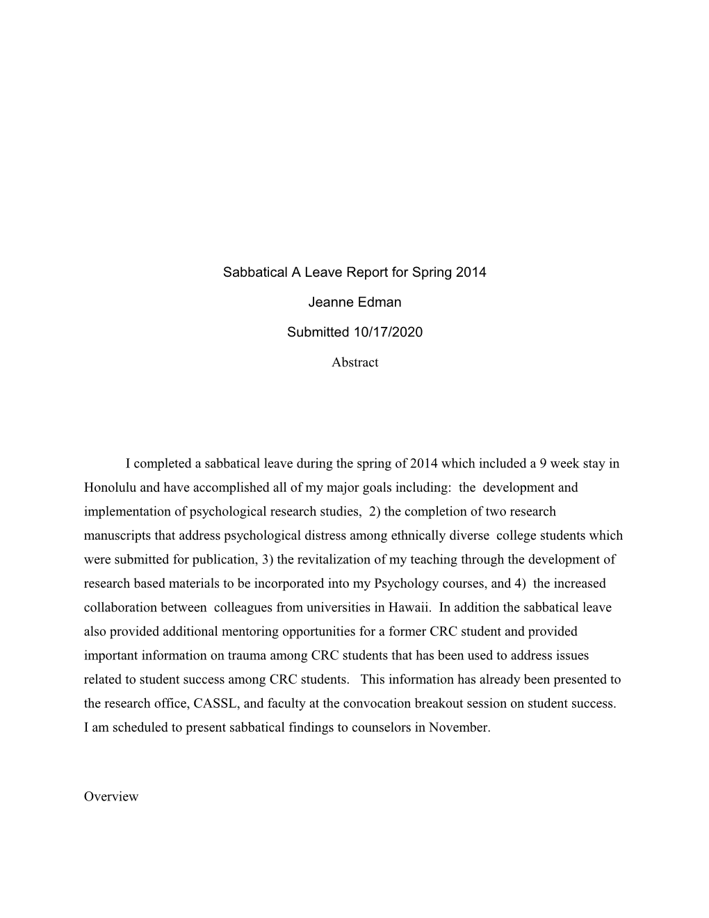 Sabbatical a Leave Report for Spring 2014