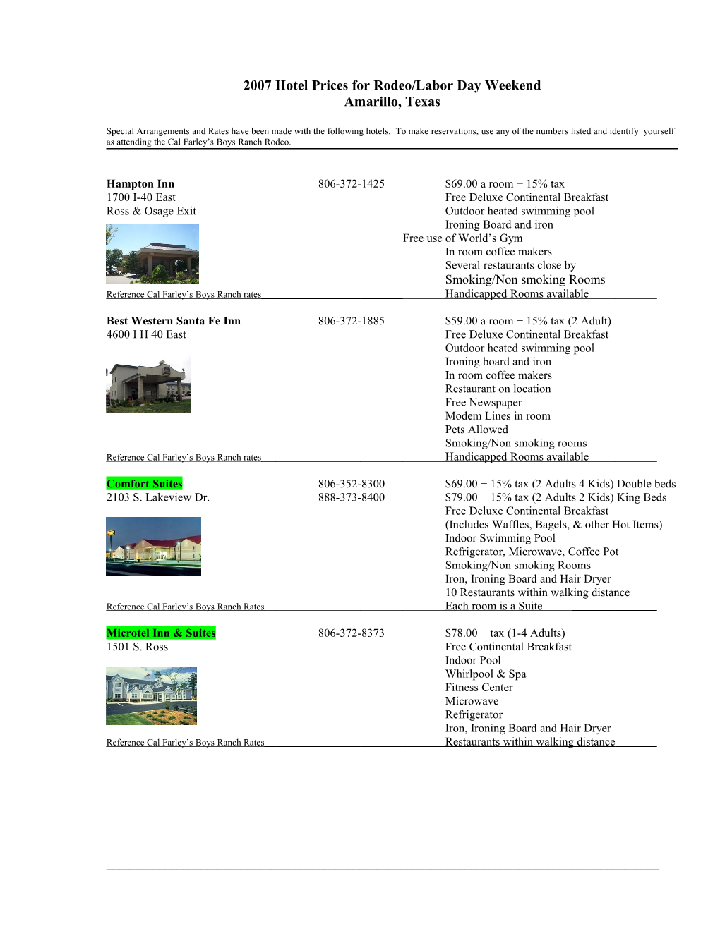 2004 Hotel Prices for Rodeo/Labor Day Weekend