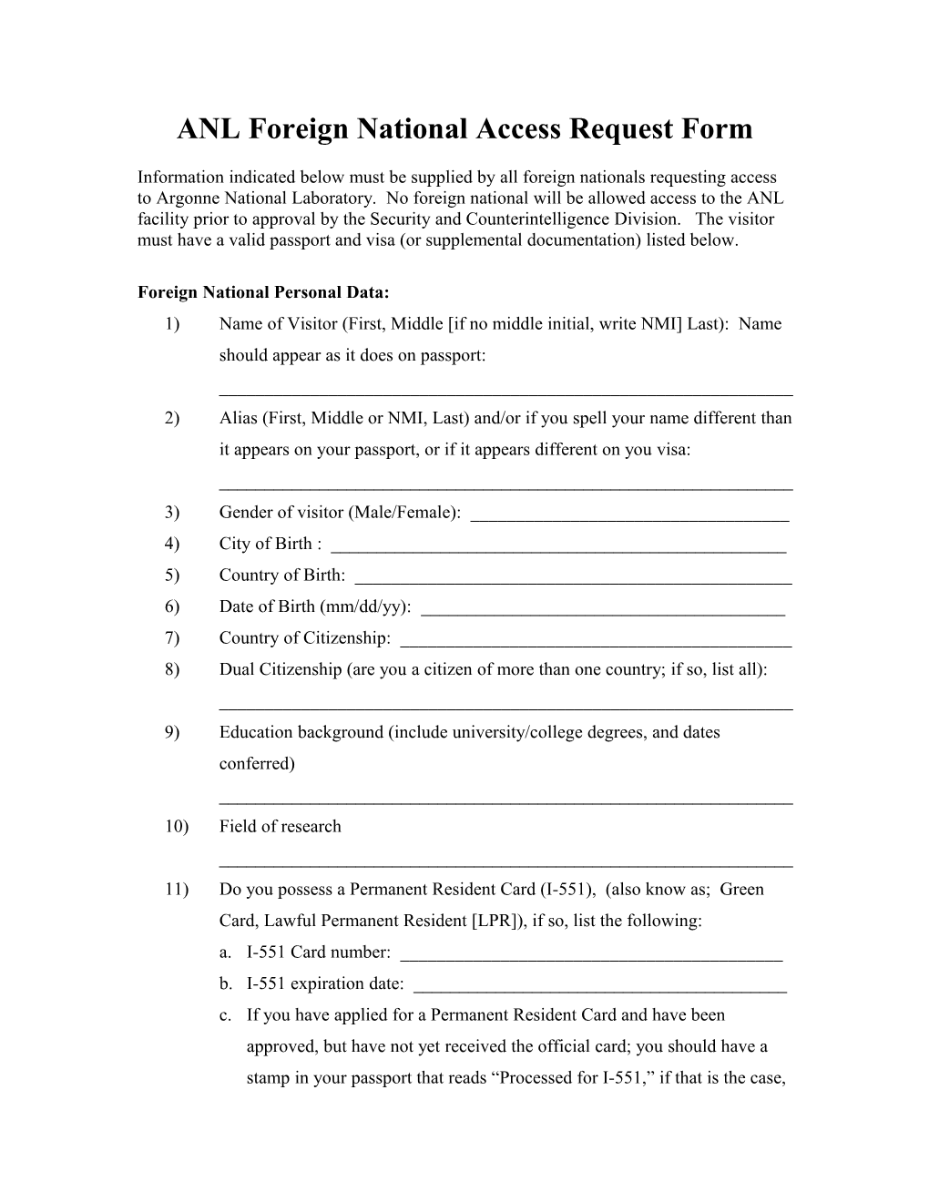 Foreign National Access Request Form