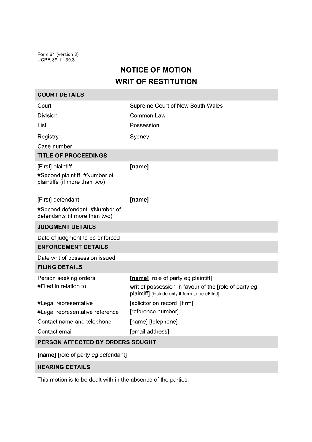 Form 61 - Notice of Motion Writ of Restitution