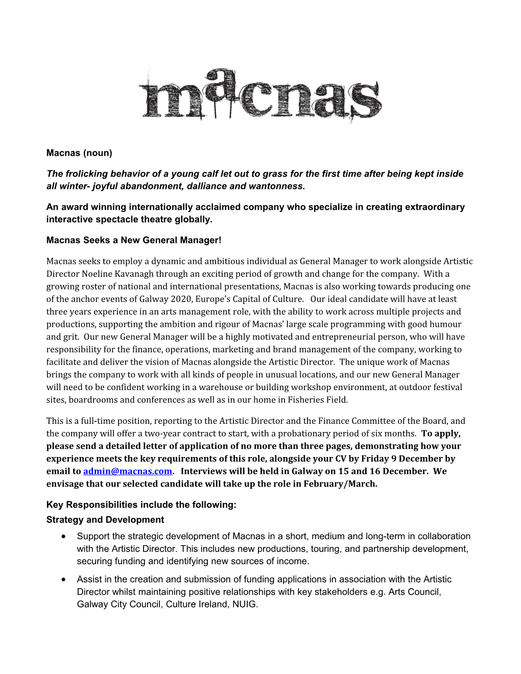 Macnas Seeks a New General Manager!