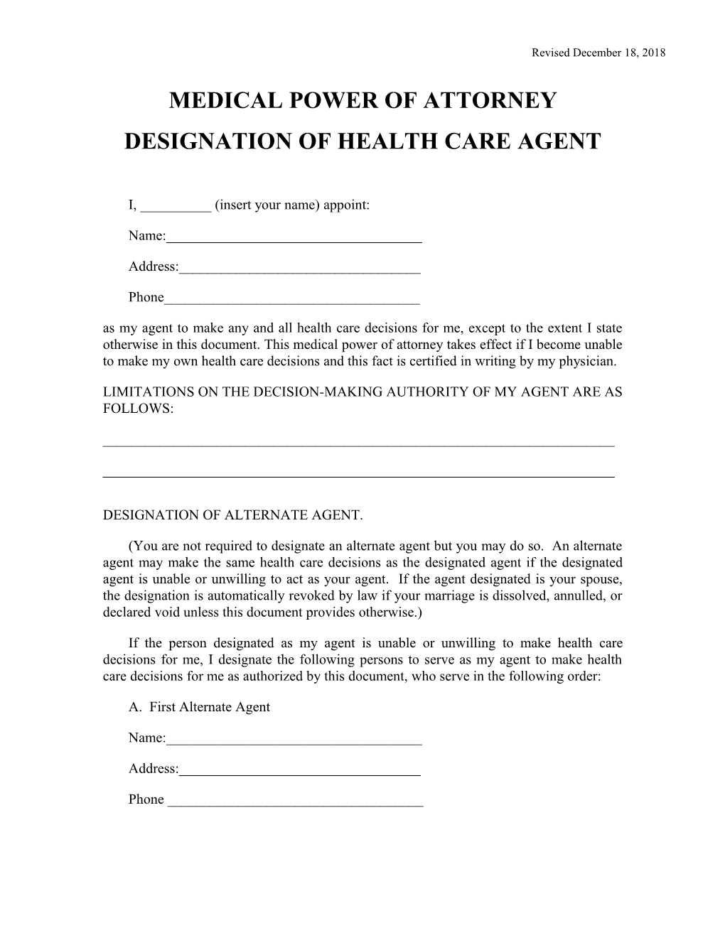 Medical Power of Attorney Designation of Health Care Agent