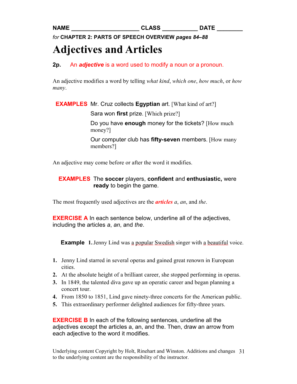 For CHAPTER 2: PARTS of SPEECH OVERVIEW Pages 84 88