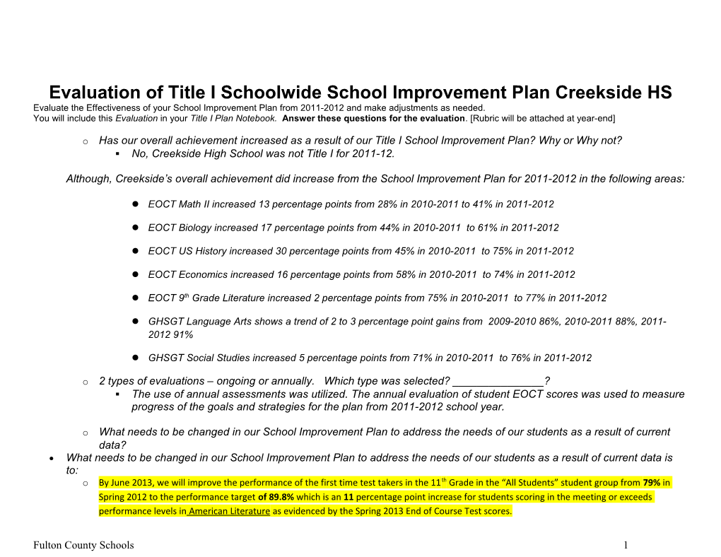 Evaluation of Title I Schoolwide School Improvement Plancreekside HS