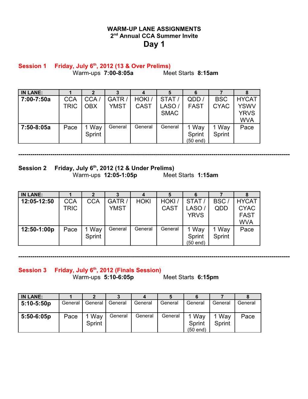 Warm-Up Lane Assignments