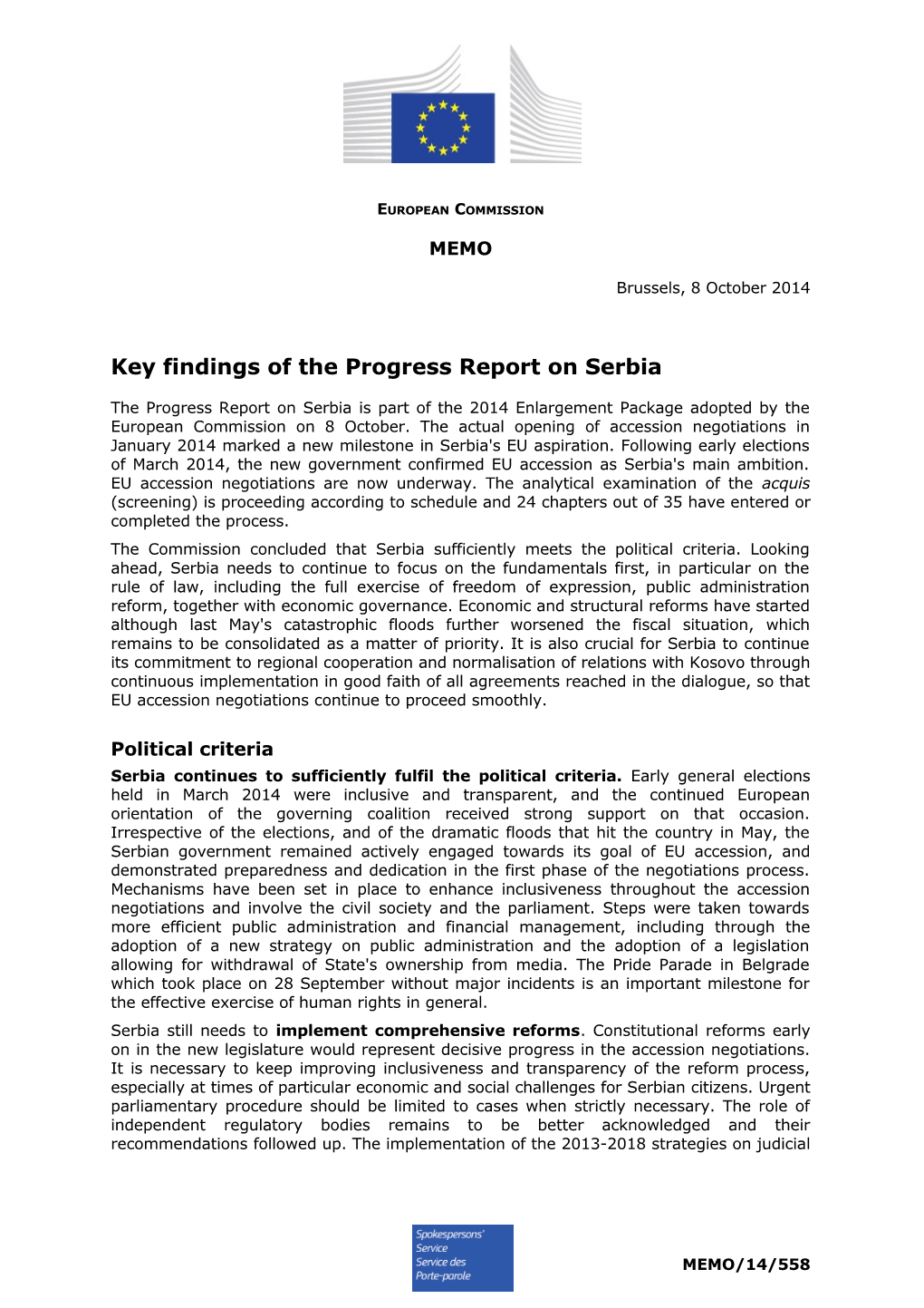 Key Findings of the Progress Report on Serbia