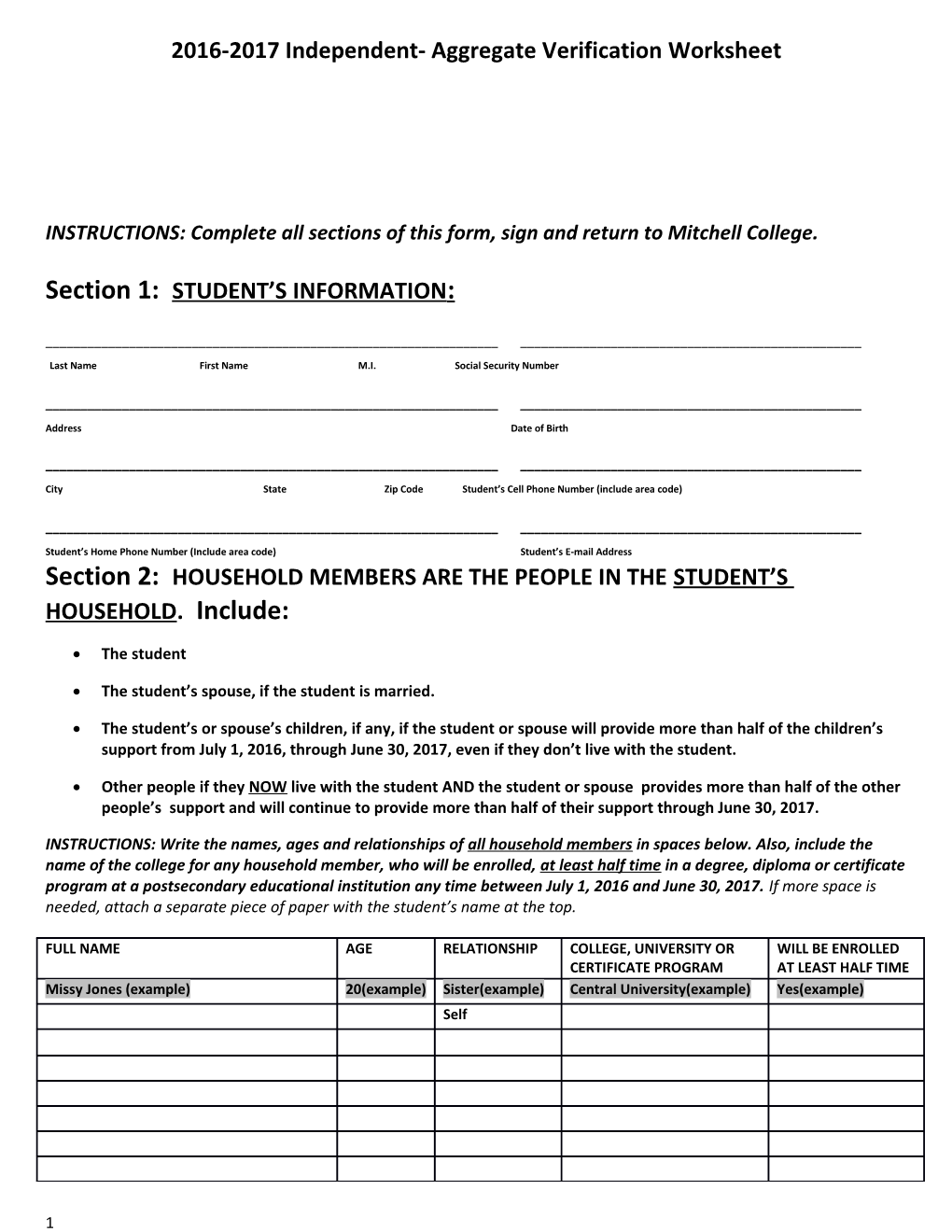 INSTRUCTIONS: Complete All Sections of This Form, Sign and Return to Mitchell College