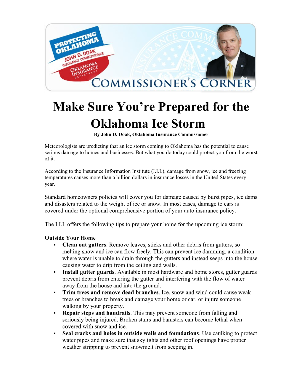 Make Sure You Re Prepared for the Oklahoma Ice Storm by John D. Doak, Oklahoma Insurance