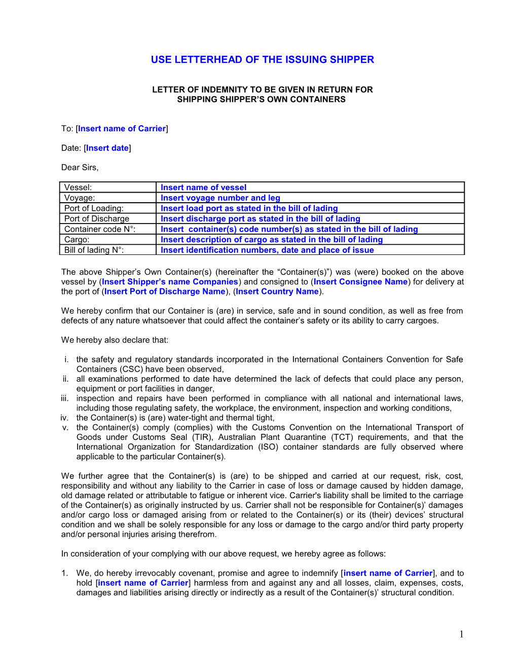 Use Letterhead of the Issuing Shipper