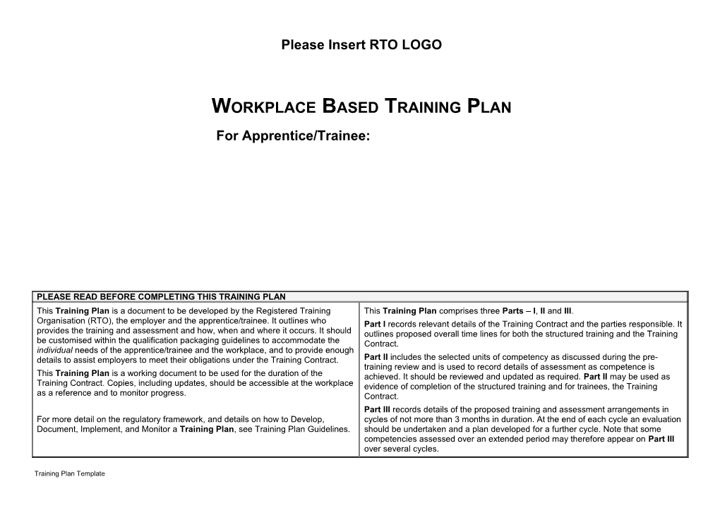 Workplace Based Training Plan