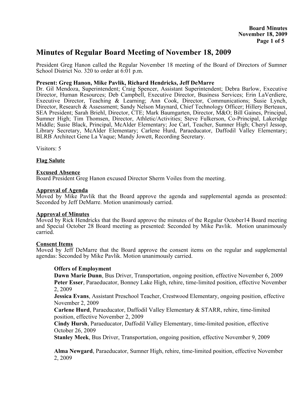 Minutes of Regular Board Meeting of November 18, 2009