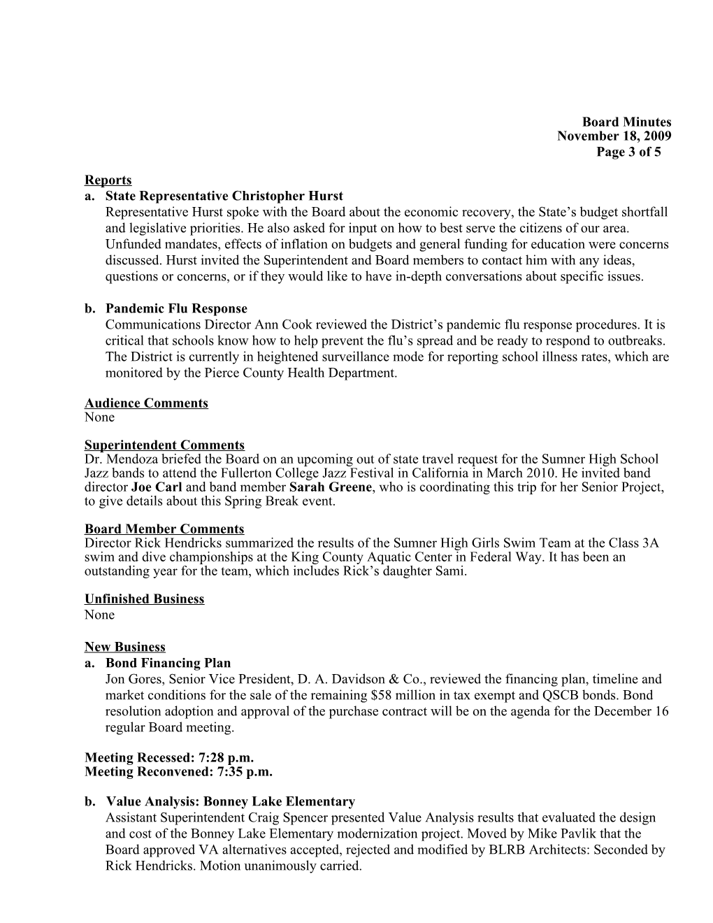 Minutes of Regular Board Meeting of November 18, 2009