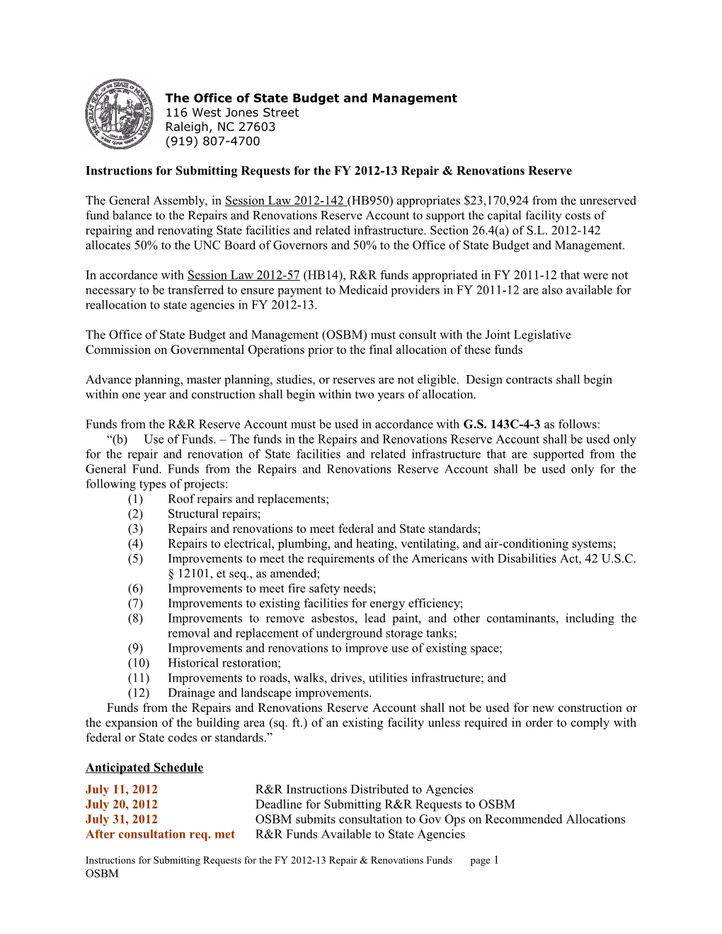 2006-07 Repair and Renovations Project Requests - General Instructions
