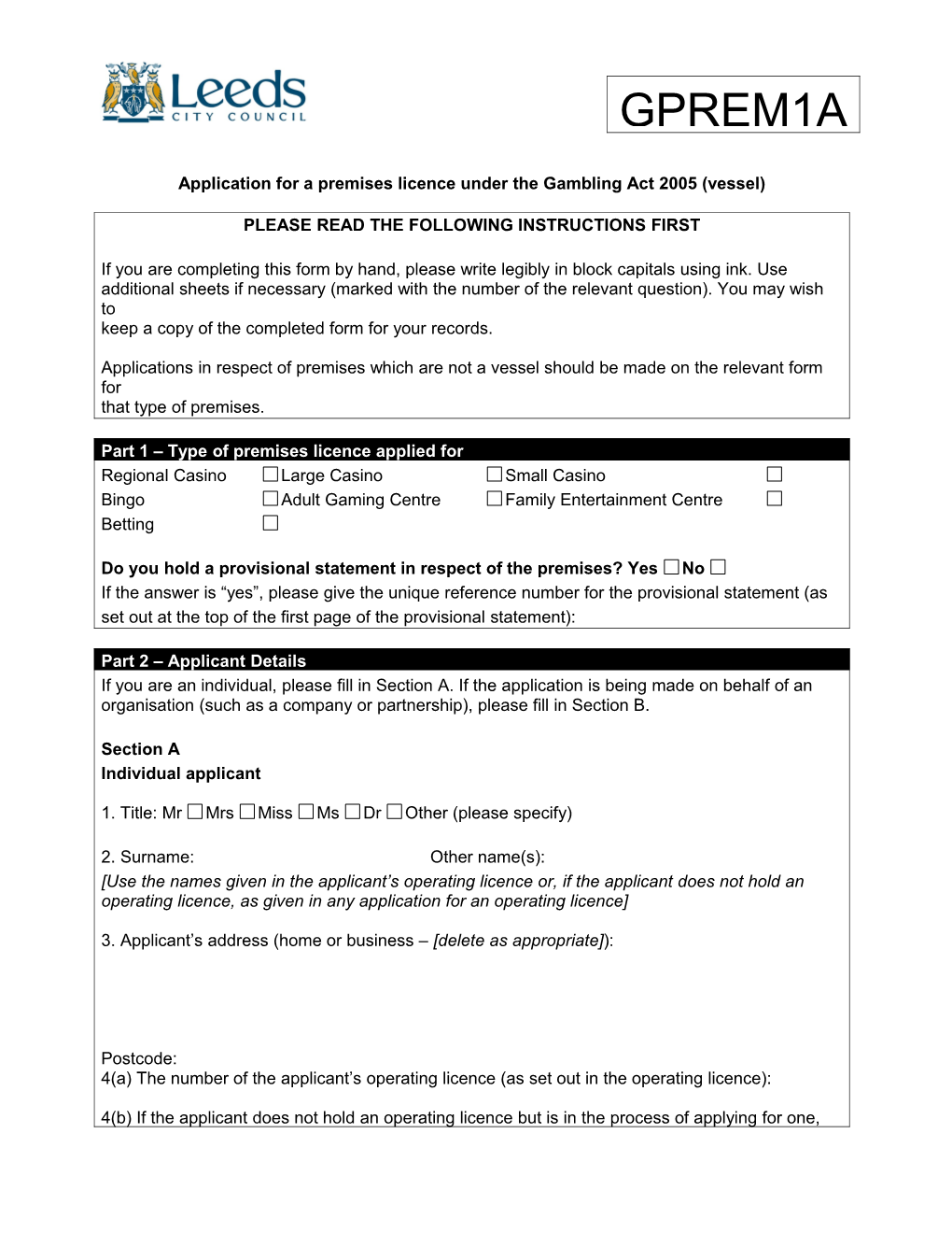 GPREM1A - Application Form for a New Premises Licence - Vessel