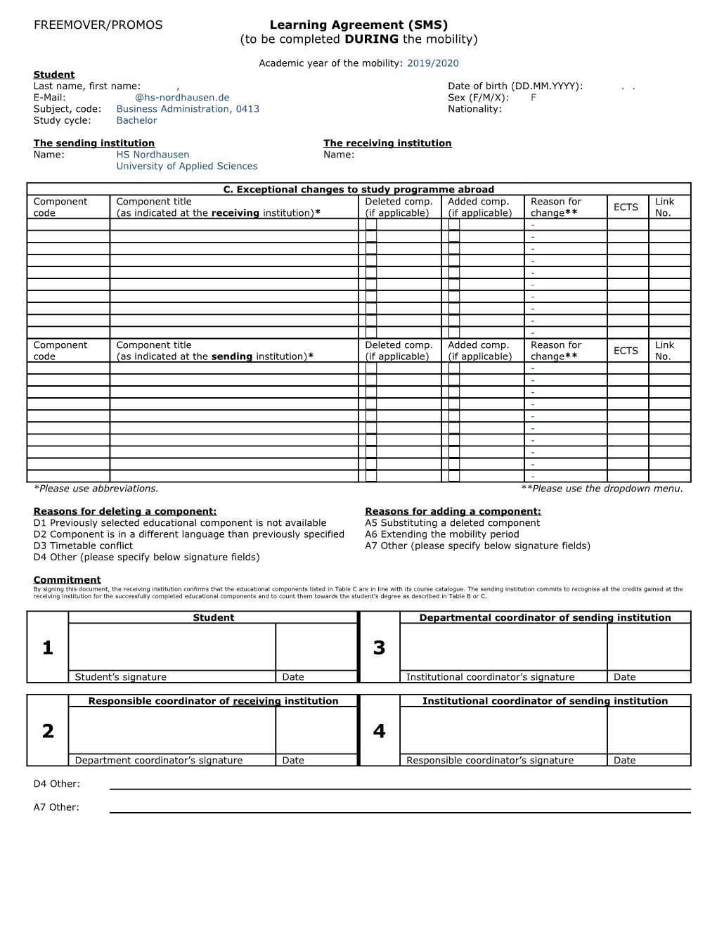 FREEMOVER/PROMOS Learning Agreement (SMS)