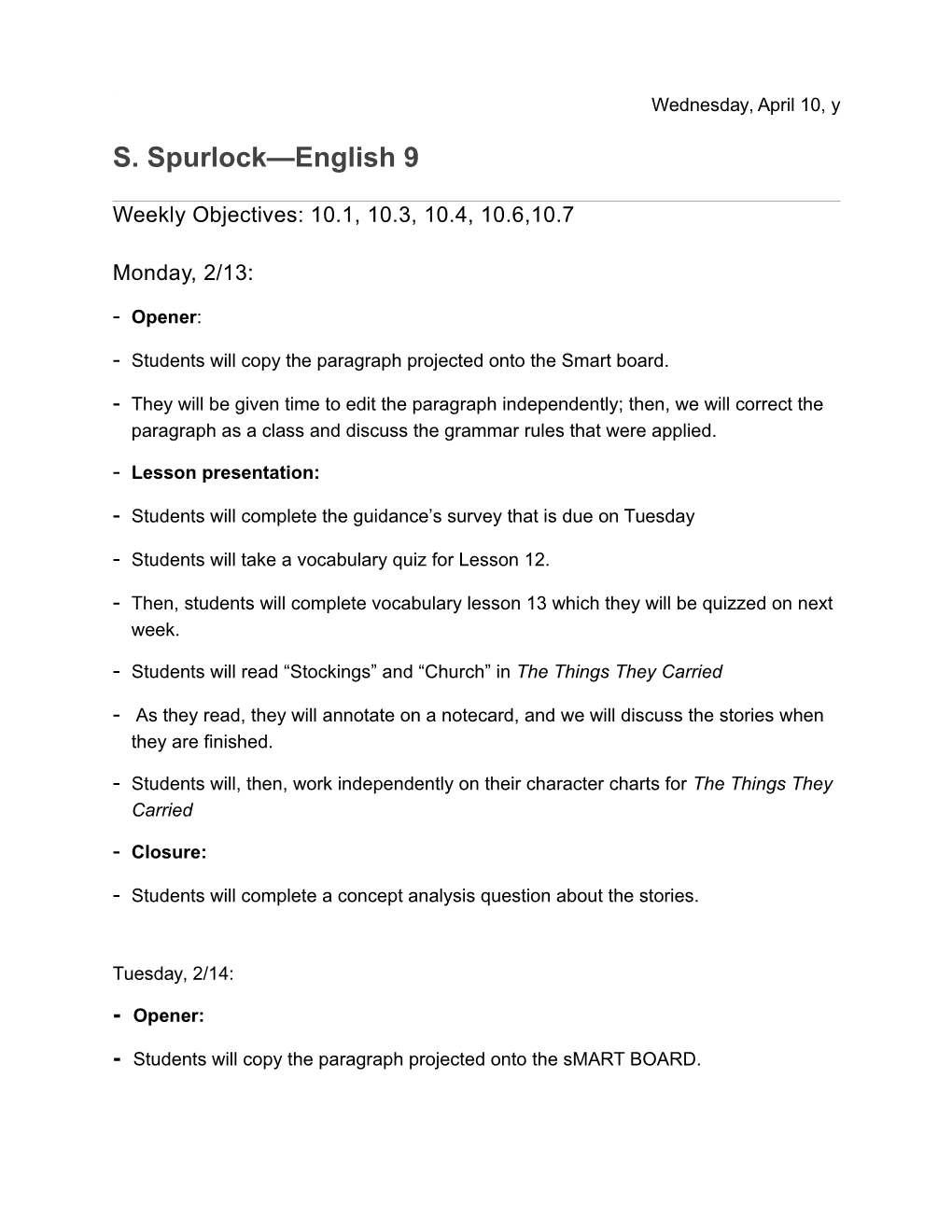 S. Spurlock English 9