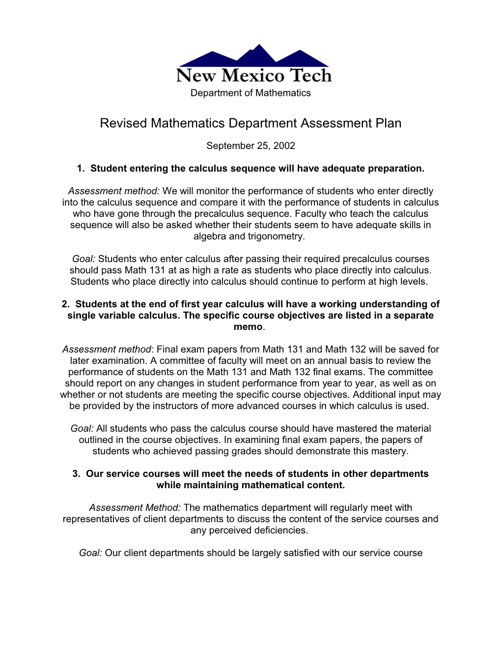 Revised Mathematics Department Assessment Plan