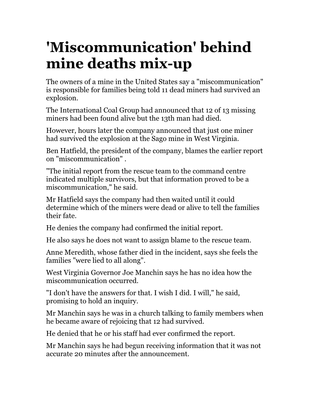 'Miscommunication' Behind Mine Deaths Mix-Up