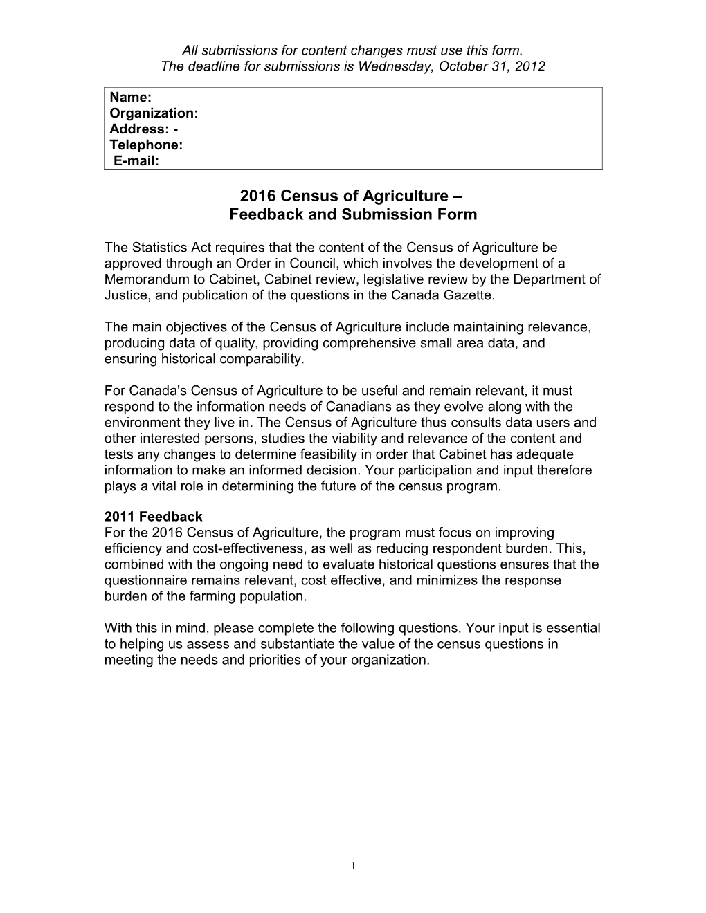 Content Determination 2006 Census of Agriculture