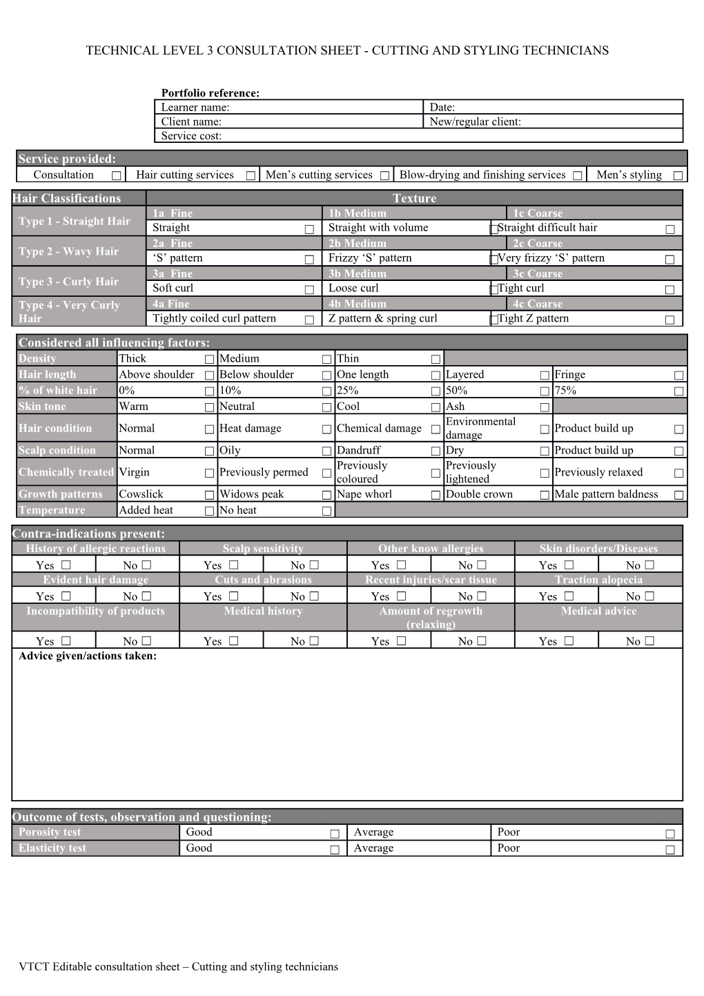 Technical Level 3 Consultation Sheet -Cutting and Styling Technicians