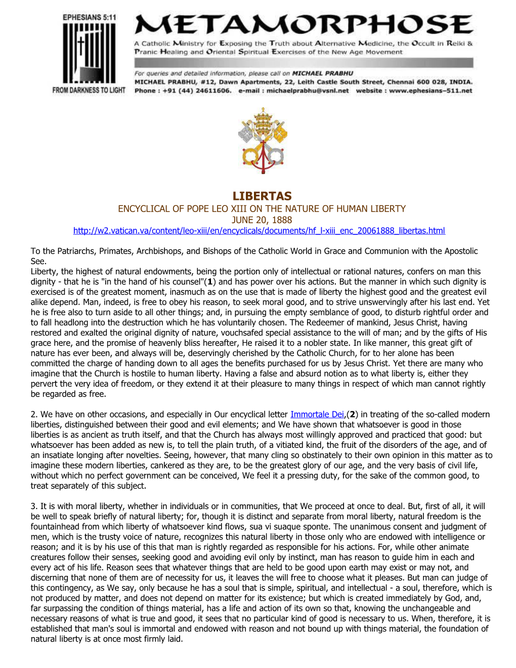 Encyclical of Pope Leo Xiiion the Nature of Human Liberty