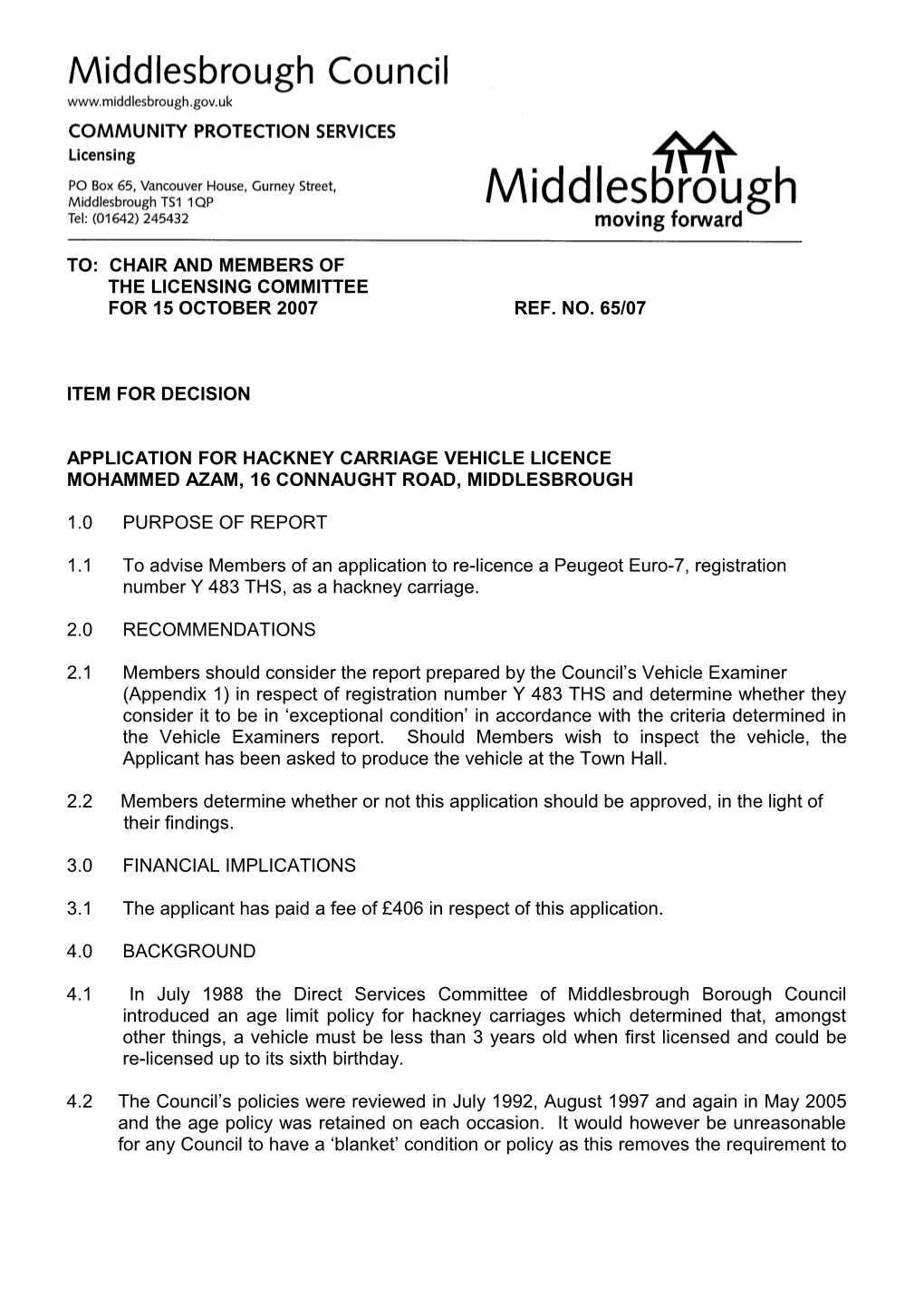 Application for Hackney Carriage Vehicle Licence