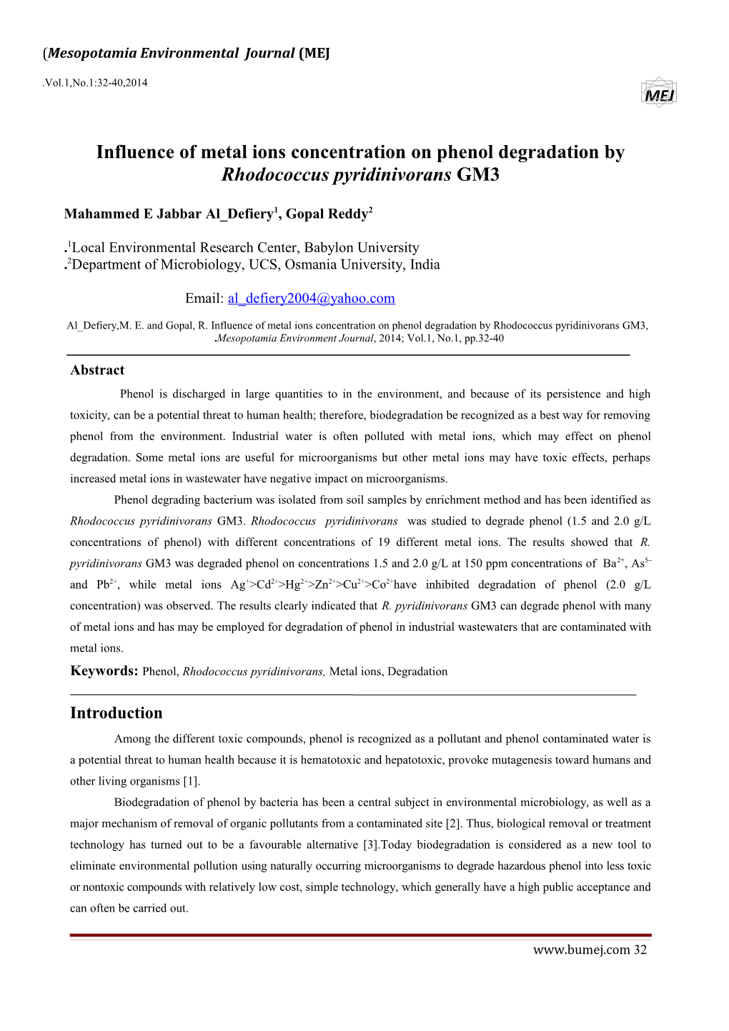 Influence of Metal Ions Concentration on Phenol Degradation by Rhodococcus Pyridinivorans GM3