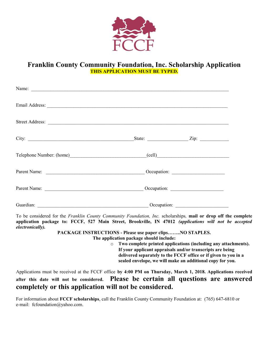 Franklin County Community Foundation, Inc. Scholarship Application