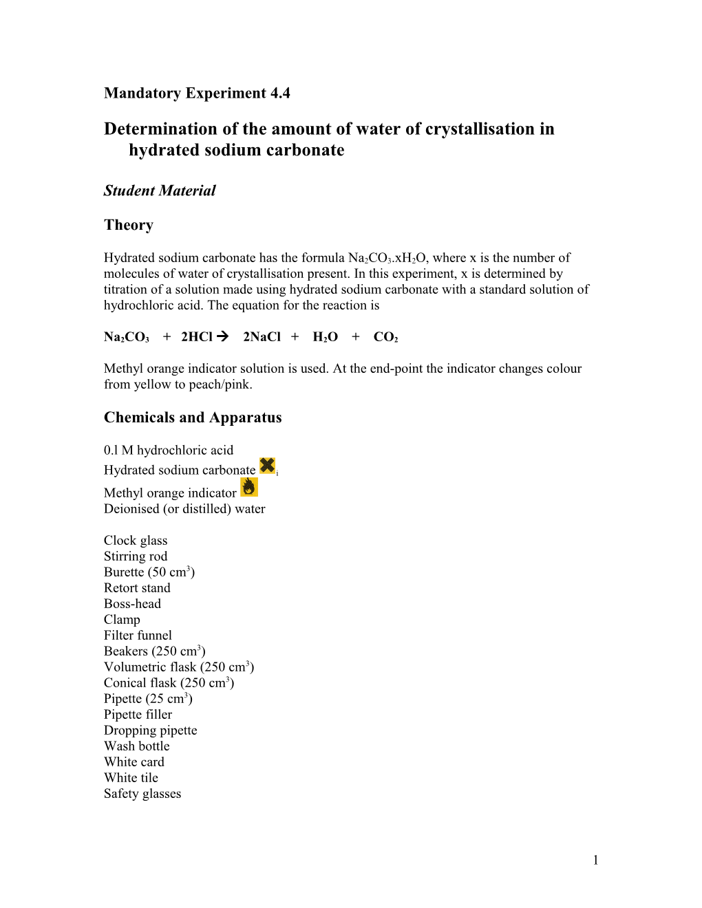 Determination of the Amount of Water of Crystallisation in Hydrated Sodium Carbonate