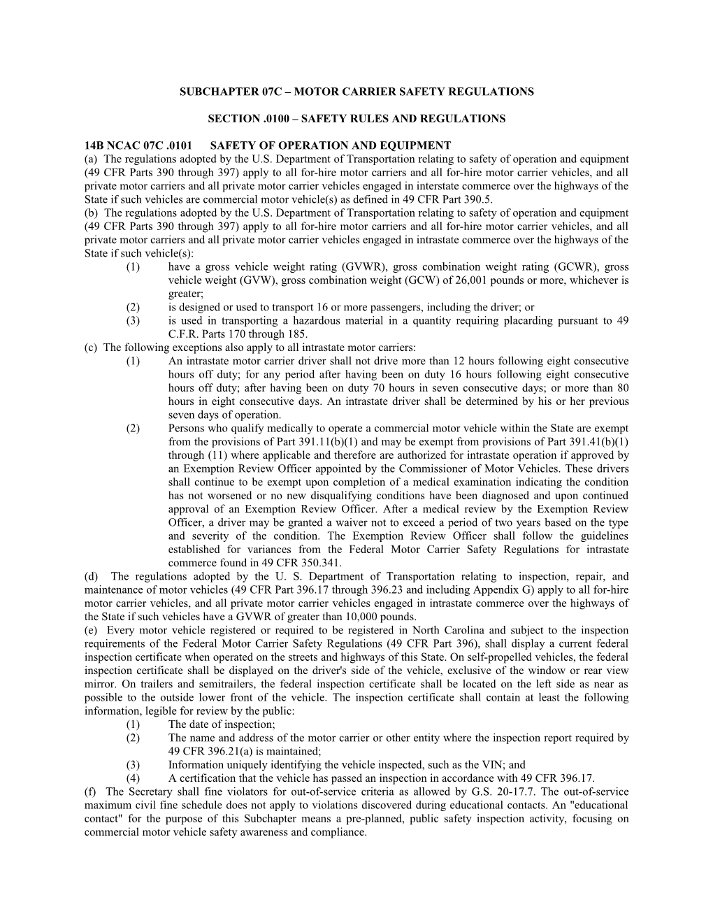 Subchapter 07C Motor Carrier Safety Regulations