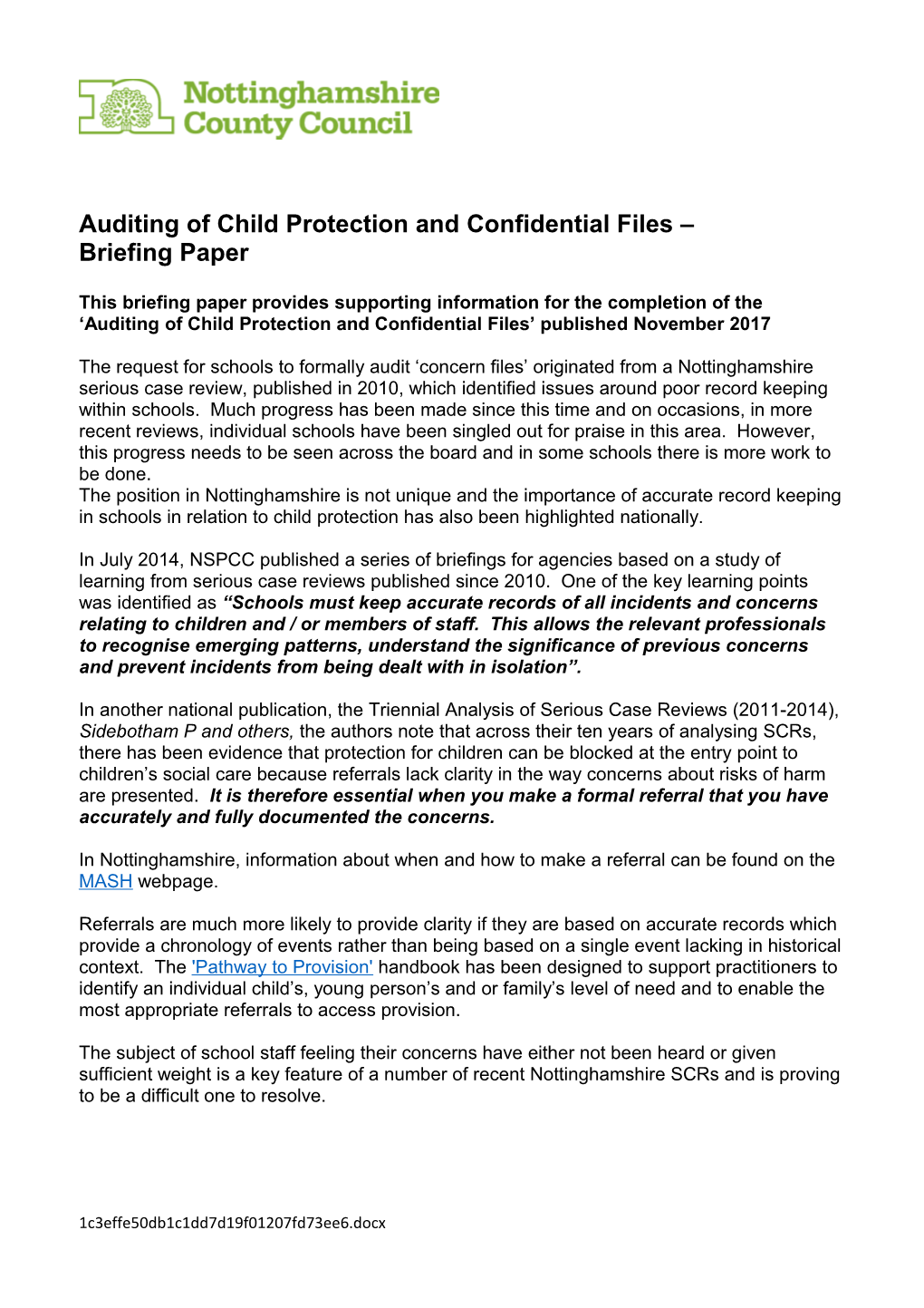 Auditing of Child Protection and Confidential Files