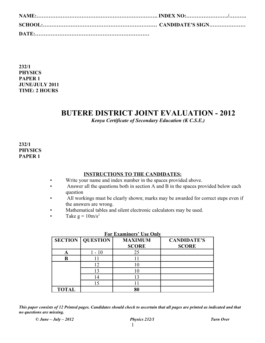 Butere District Joint Evaluation - 2012