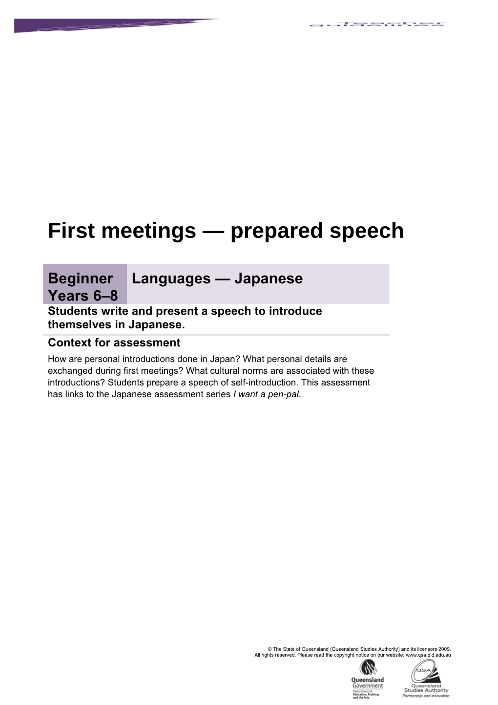 Year 6-8 Languages Assessment Teacher Guidelines First Meetings - Prepared Speech - Japanese