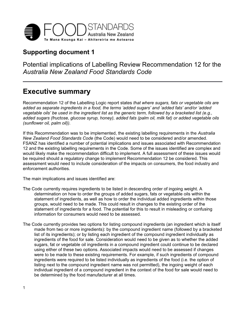 Labelling Review 12 Supporting Document - Regulatory Implications