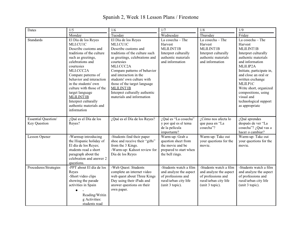 Spanish 2, Week 18 Lesson Plans / Firestone