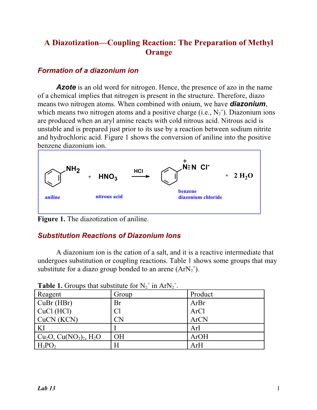 A Diazotization Coupling Reaction: the Preparation of Methyl Orange